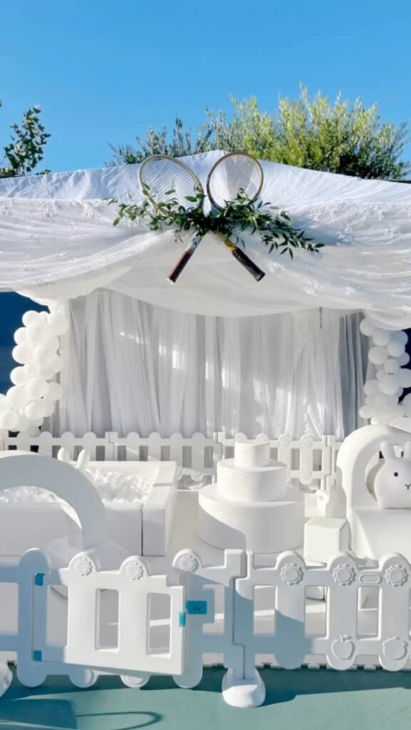 White luxe tennis theme soft play setup
